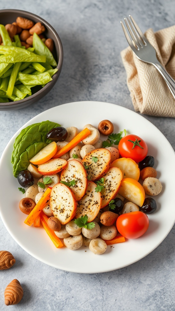 A colorful plate of sautéed vegetables, cherry tomatoes, and a side of greens, showcasing a healthy meal prep option.