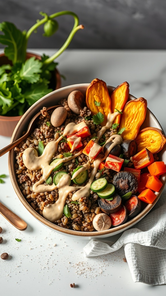 A colorful Vegan Buddha Bowl with grains, roasted sweet potatoes, fresh vegetables, and tahini sauce.