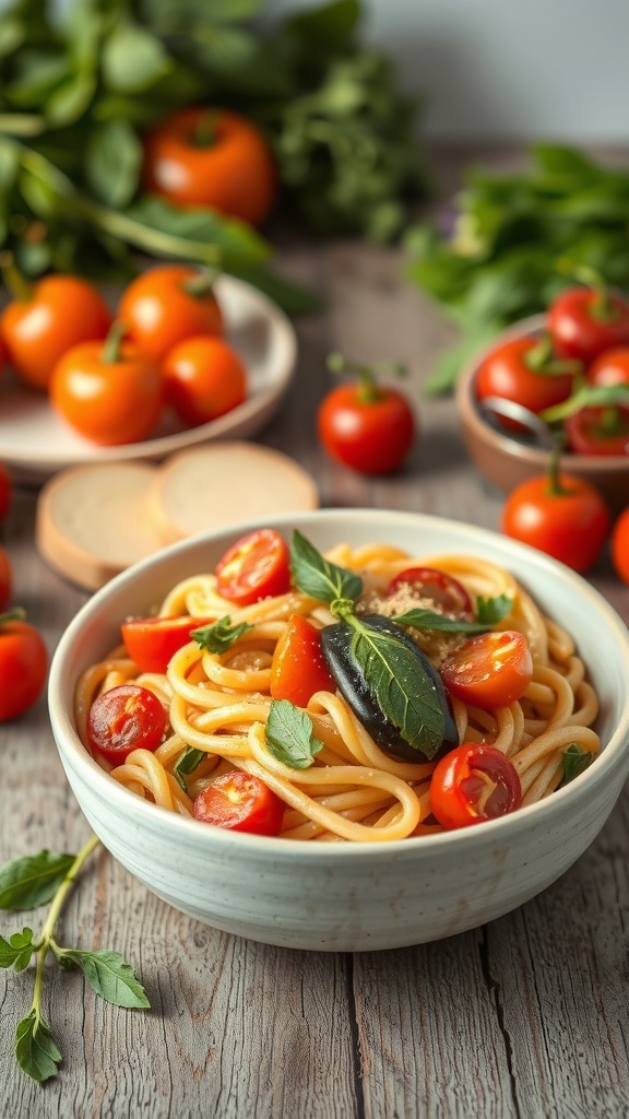 A bowl of vegan pasta primavera with cherry tomatoes and fresh basil, surrounded by fresh vegetables.