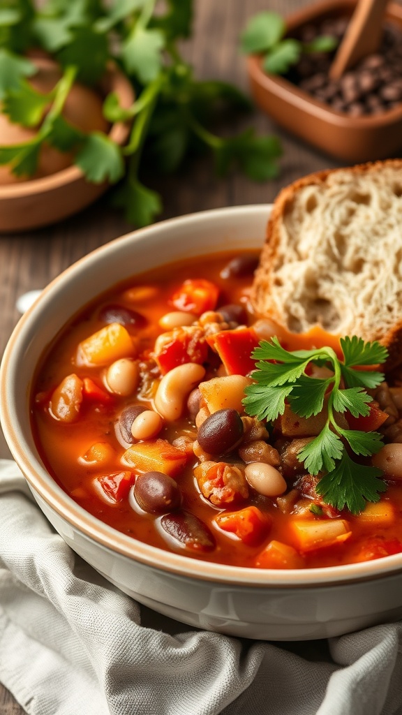 A bowl of vegetable and bean chili with a slice of bread, garnished with cilantro.