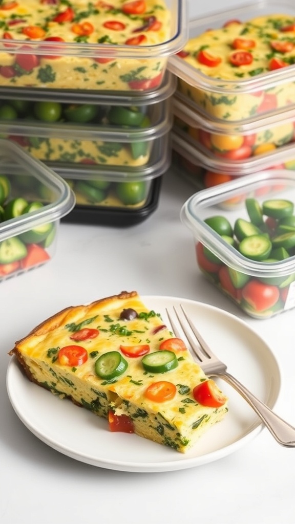 A slice of vegetable and cheese frittata on a plate, surrounded by meal prep containers filled with the same dish.