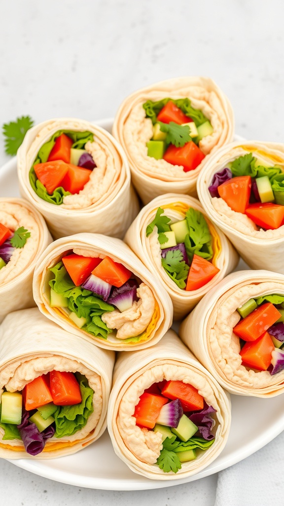 A plate of colorful vegetable and hummus wraps, showcasing fresh ingredients.