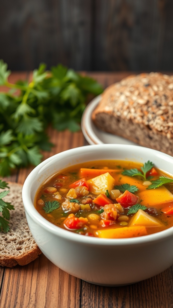 A bowl of vegetable and lentil soup with fresh parsley on top, accompanied by a slice of whole grain bread.