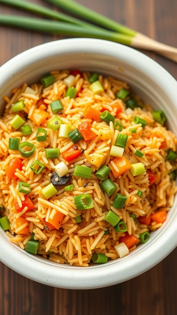 A bowl of vegetable fried rice with colorful vegetables and green onions on top.