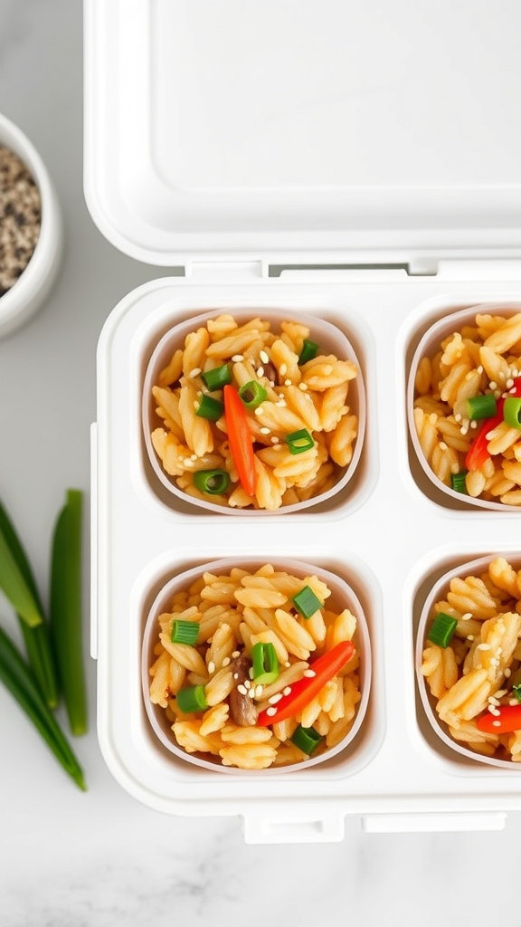 Vegetable fried rice cups in a lunchbox, surrounded by green onions and sesame seeds.