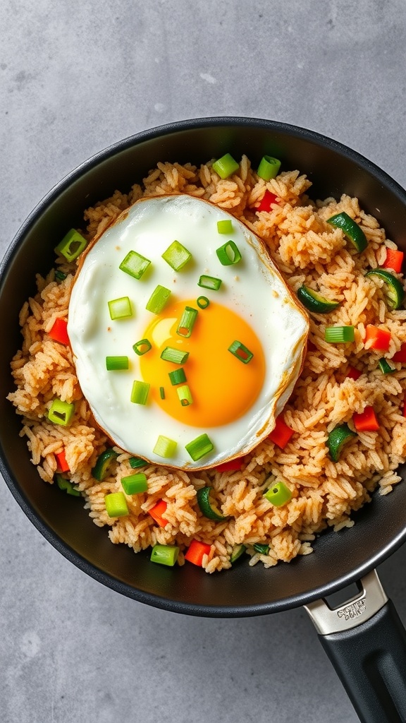 A pan of vegetable fried rice topped with a sunny-side-up egg and green onions.