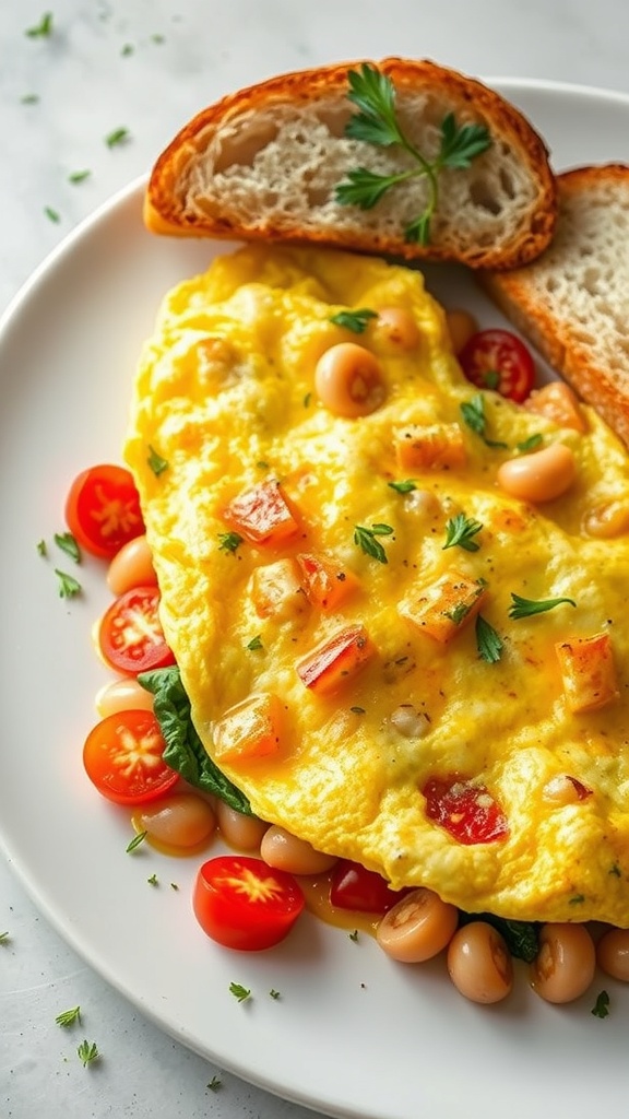 A delicious vegetable omelette with tomatoes and spinach, served with slices of bread.