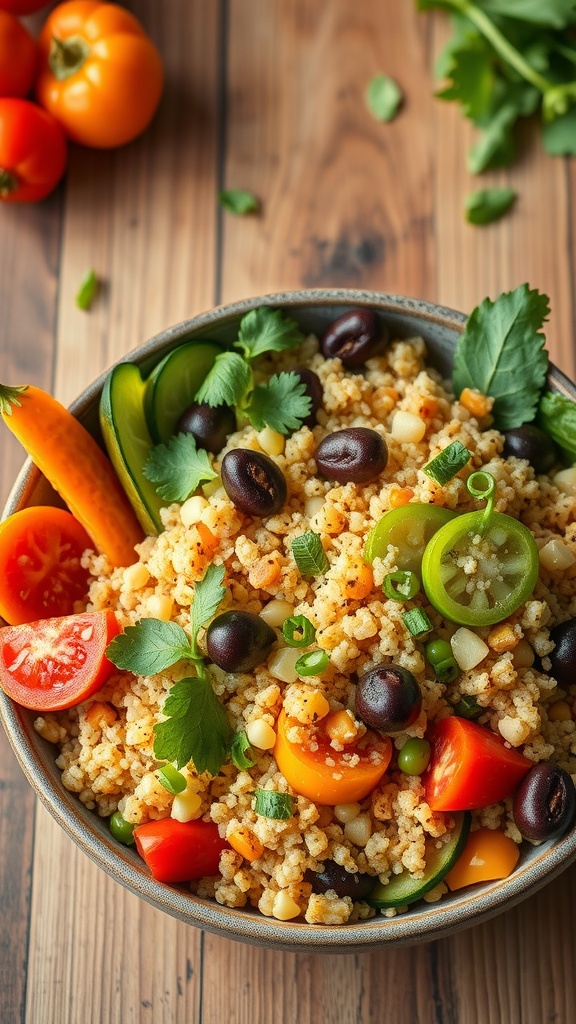 A colorful vegetable quinoa bowl with black beans, bell peppers, and cherry tomatoes.