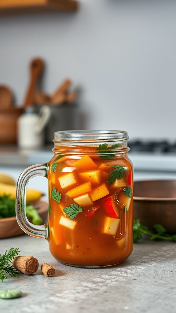 A mason jar filled with colorful vegetable soup, showcasing diced vegetables and herbs.