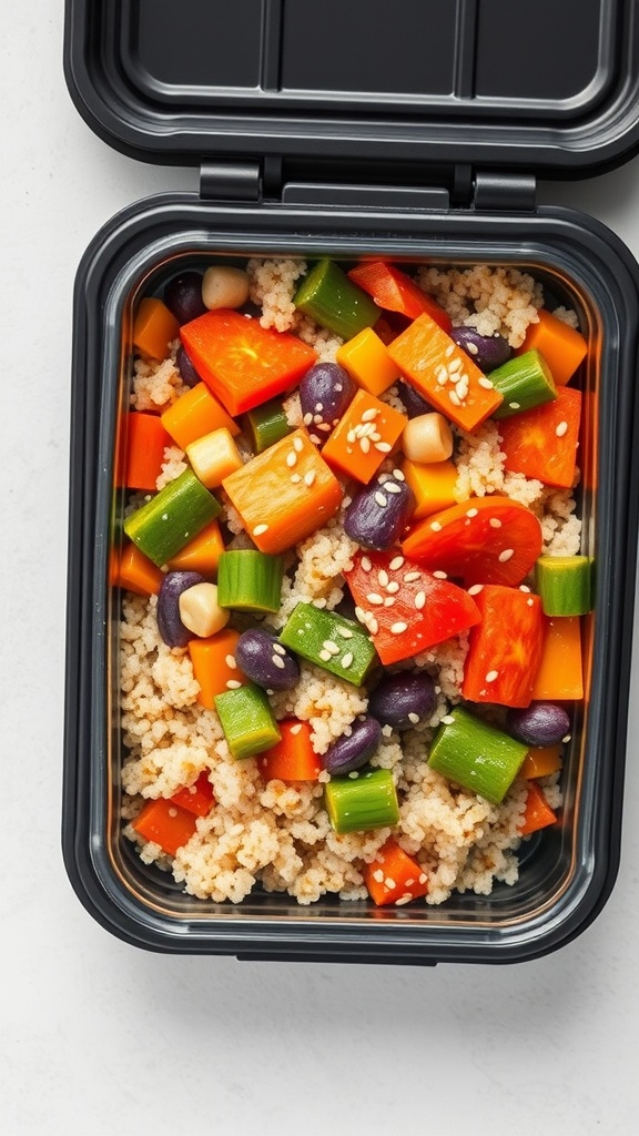 A meal prep container filled with vegetable stir-fried quinoa, featuring colorful diced vegetables and quinoa.