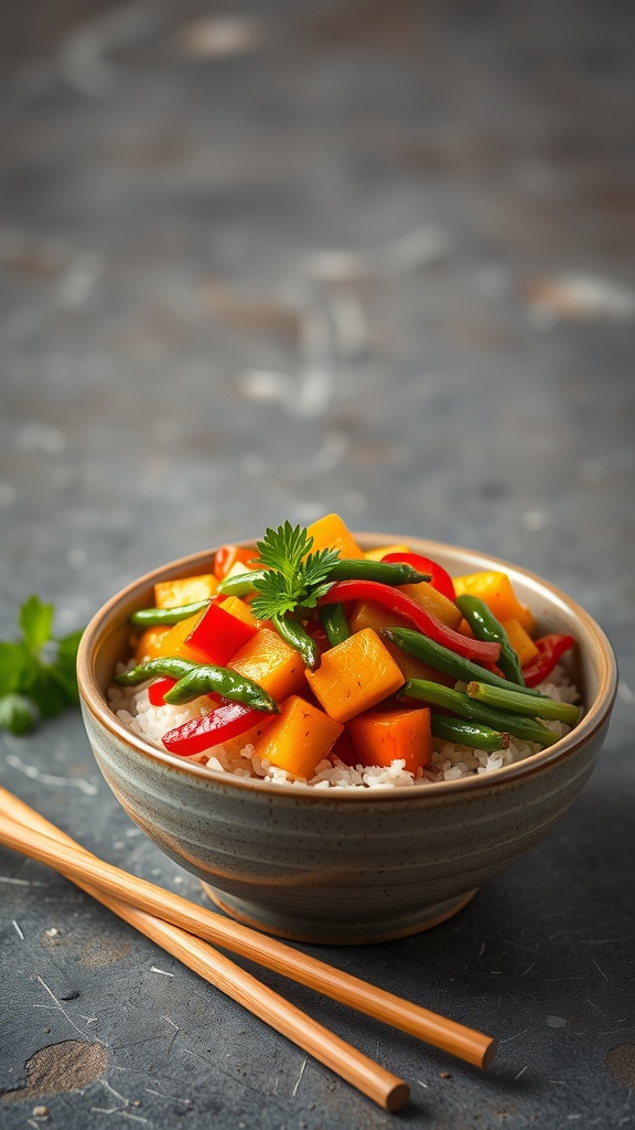 A bowl of vegetable stir-fry with brown rice, featuring colorful bell peppers, green beans, and butternut squash.