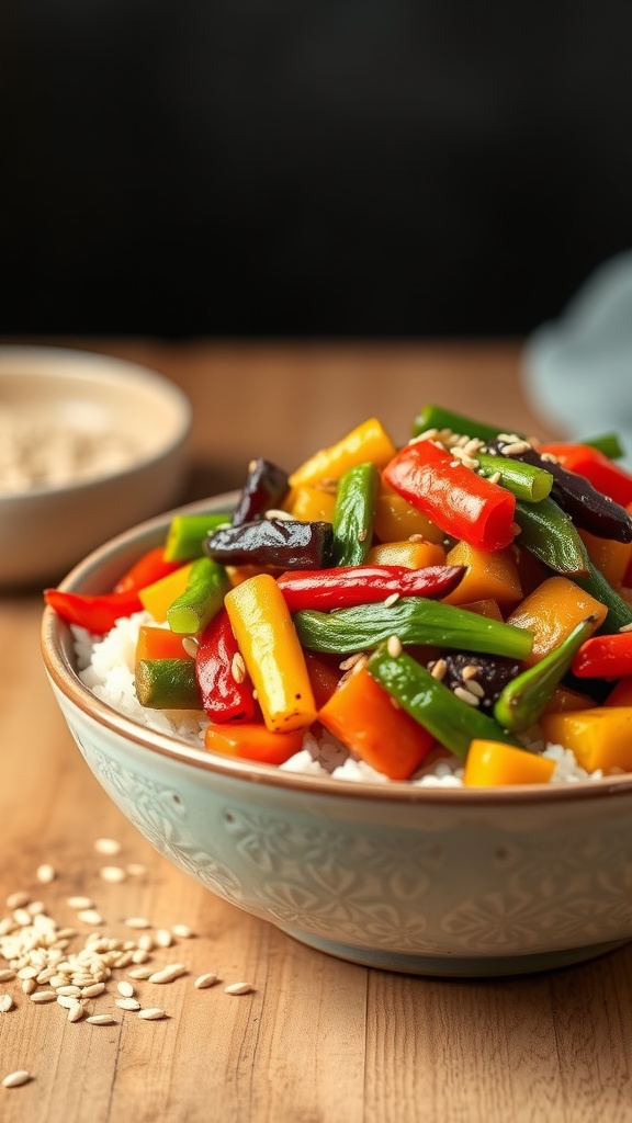 A colorful vegetable stir-fry with rice in a bowl, garnished with sesame seeds.