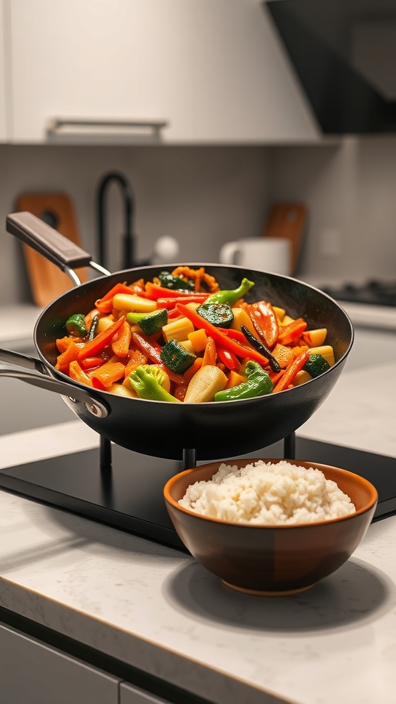 A colorful vegetable stir-fry in a pan with a bowl of rice on the side.