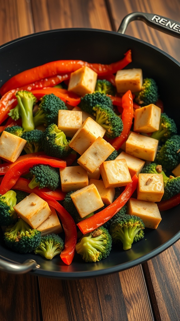 A colorful vegetable stir-fry with tofu in a skillet, featuring broccoli and red bell peppers.