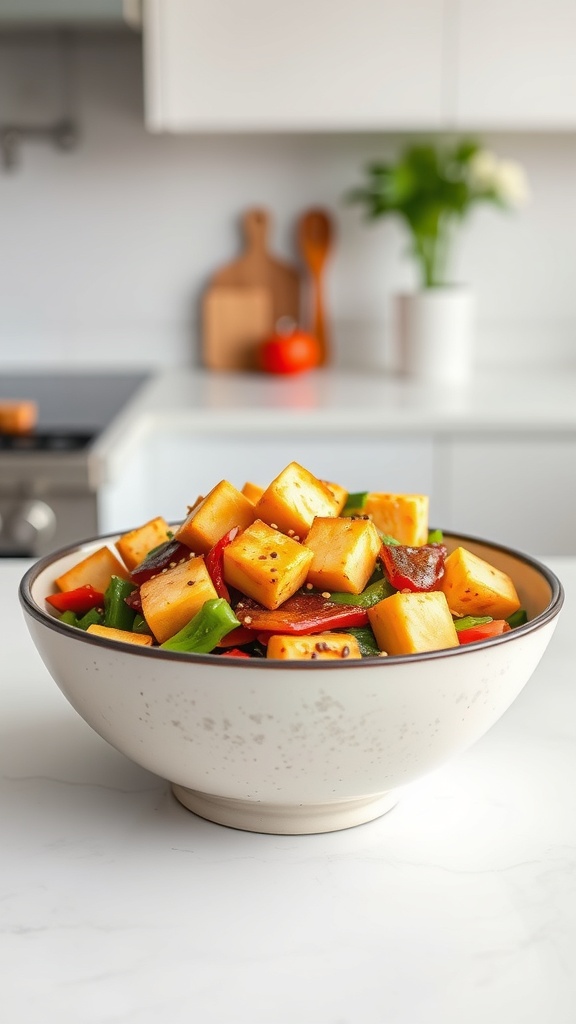 A bowl of colorful vegetable stir-fry with tofu, featuring bell peppers and green beans.
