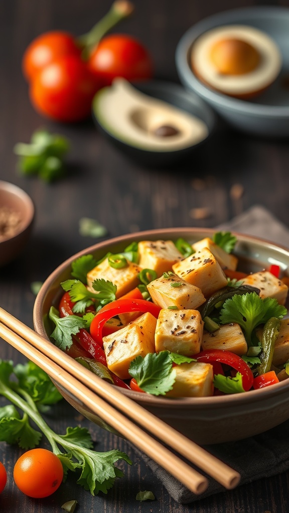 A colorful vegetable stir-fry with tofu in a bowl, garnished with cilantro, surrounded by fresh tomatoes and avocado.