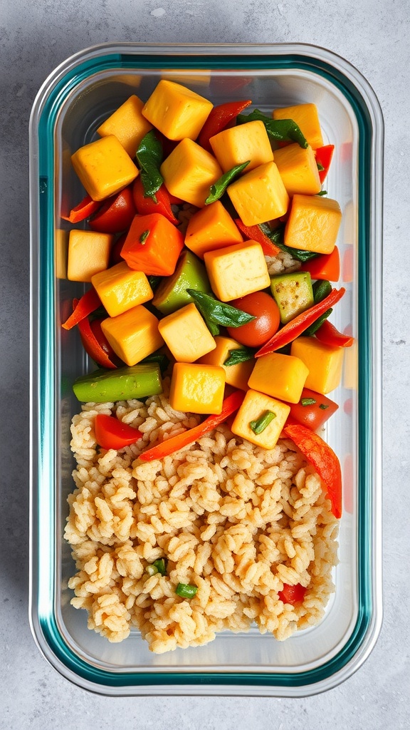 A colorful vegetable stir-fry with tofu in a meal prep container, served with rice.