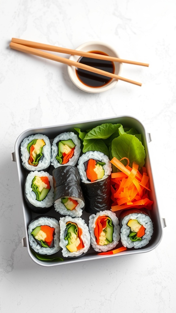 A lunchbox filled with vegetable sushi rolls, fresh greens, and a small bowl of soy sauce.