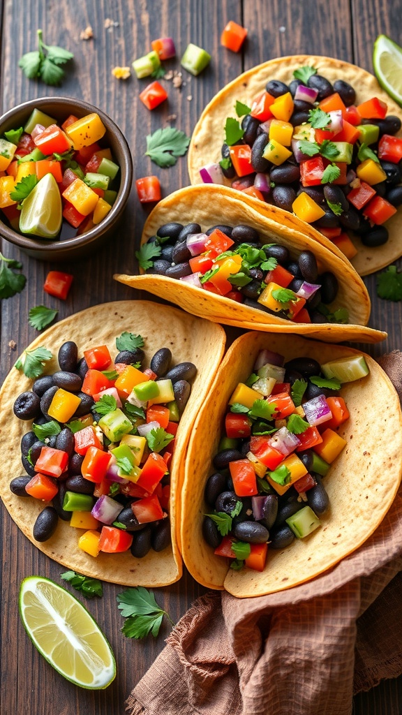 Vegetarian black bean tacos with colorful toppings and lime wedges