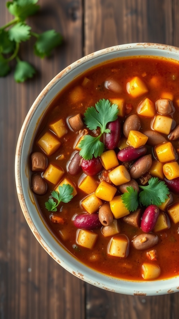 A bowl of vegetarian chili with beans and corn, garnished with cilantro.