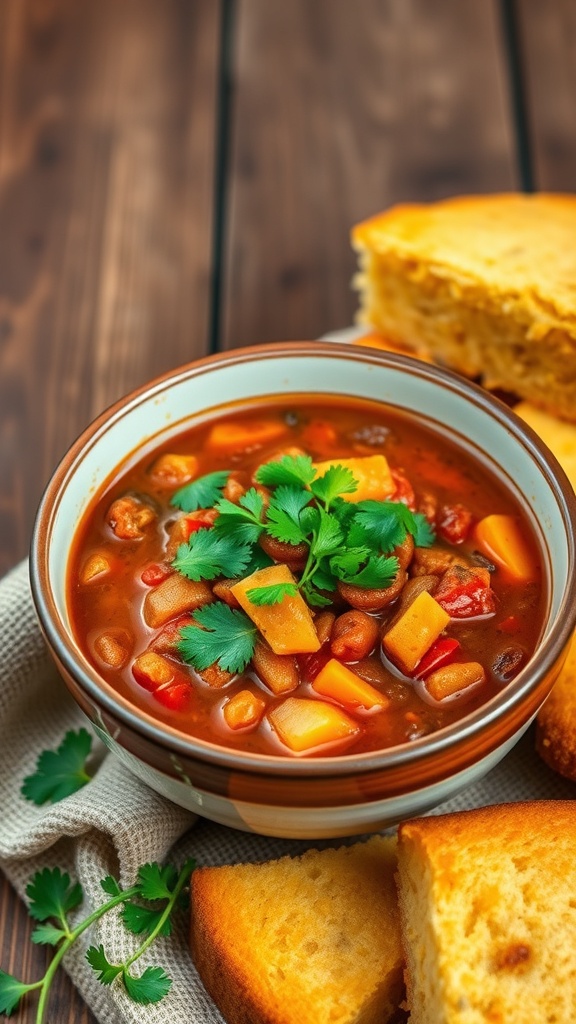 A bowl of vegetarian chili garnished with cilantro, served with cornbread on the side.