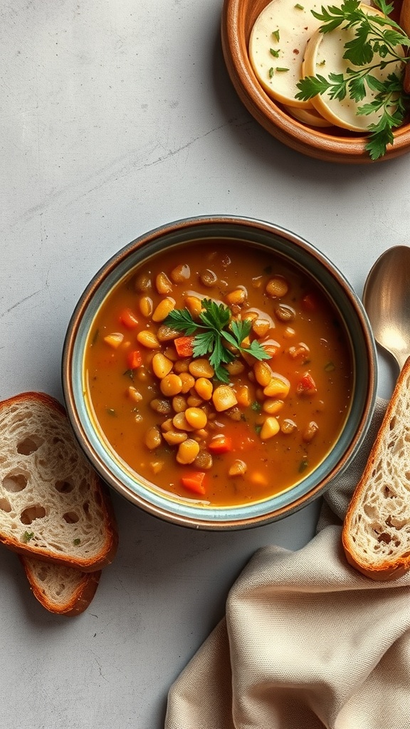 A bowl of vegetarian lentil soup garnished with parsley, served with slices of bread.