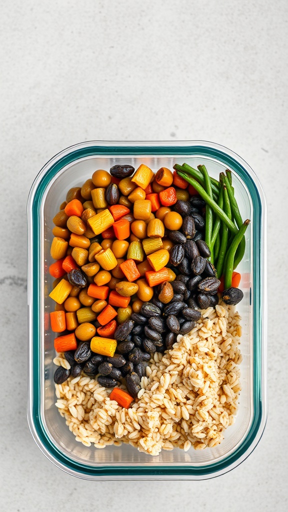 A meal prep container filled with black beans, colorful vegetables, and rice.