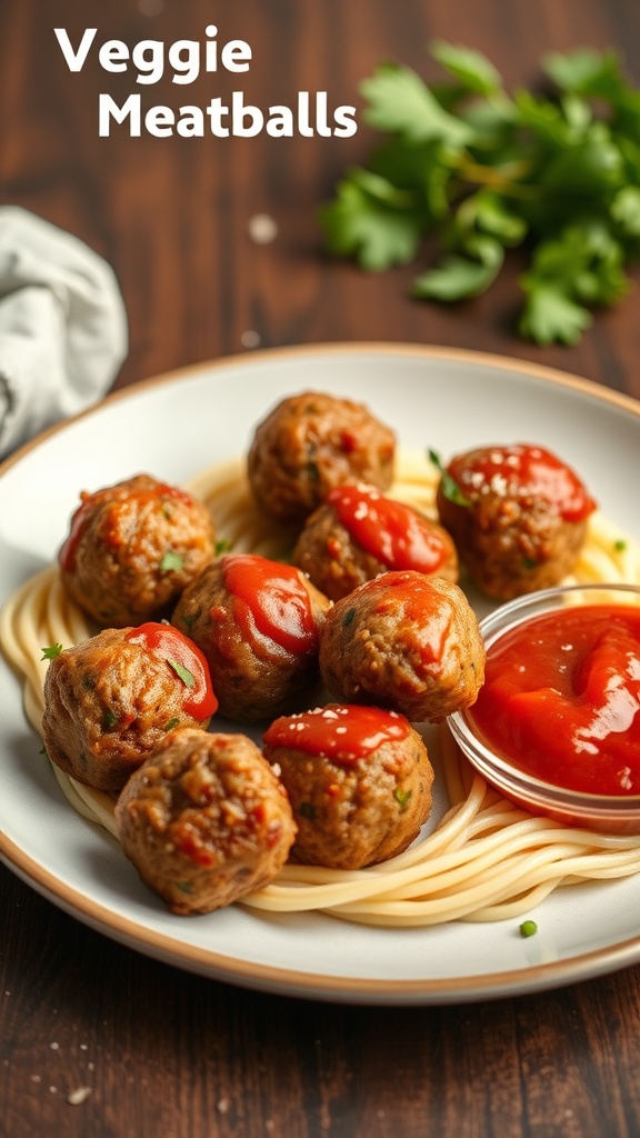 A plate of veggie-packed meatballs served over spaghetti with marinara sauce.