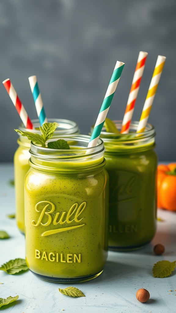 Three jars of green smoothies with colorful straws and mint leaves on top.