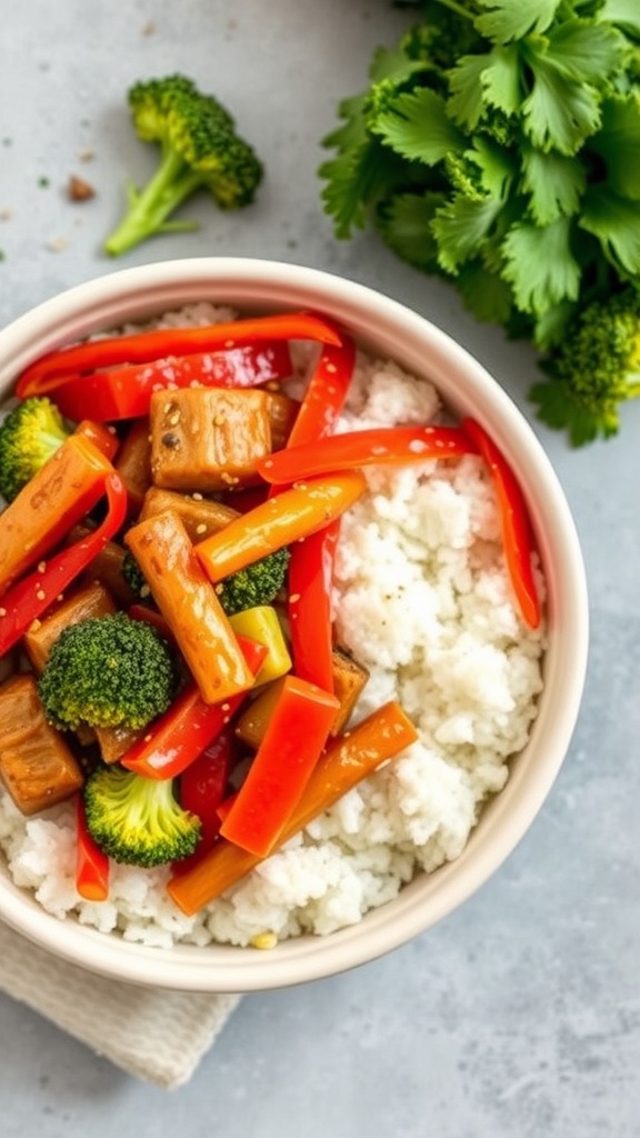 A bowl of veggie stir-fry with rice, featuring colorful bell peppers and broccoli.