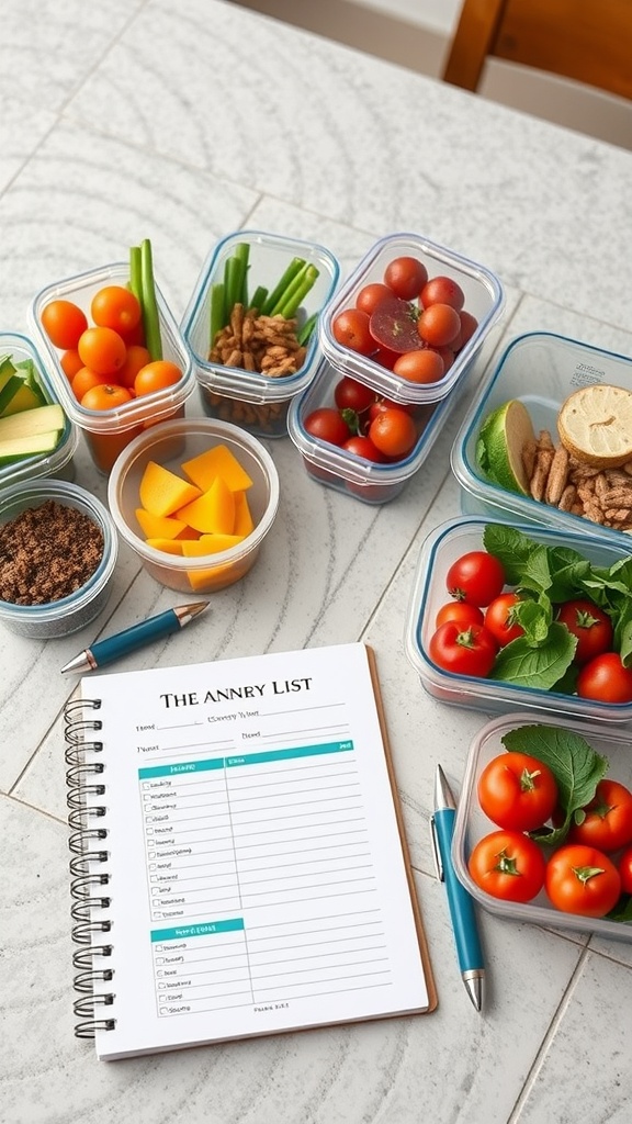 A meal prep setup with colorful vegetables, nuts, and a notebook for planning.