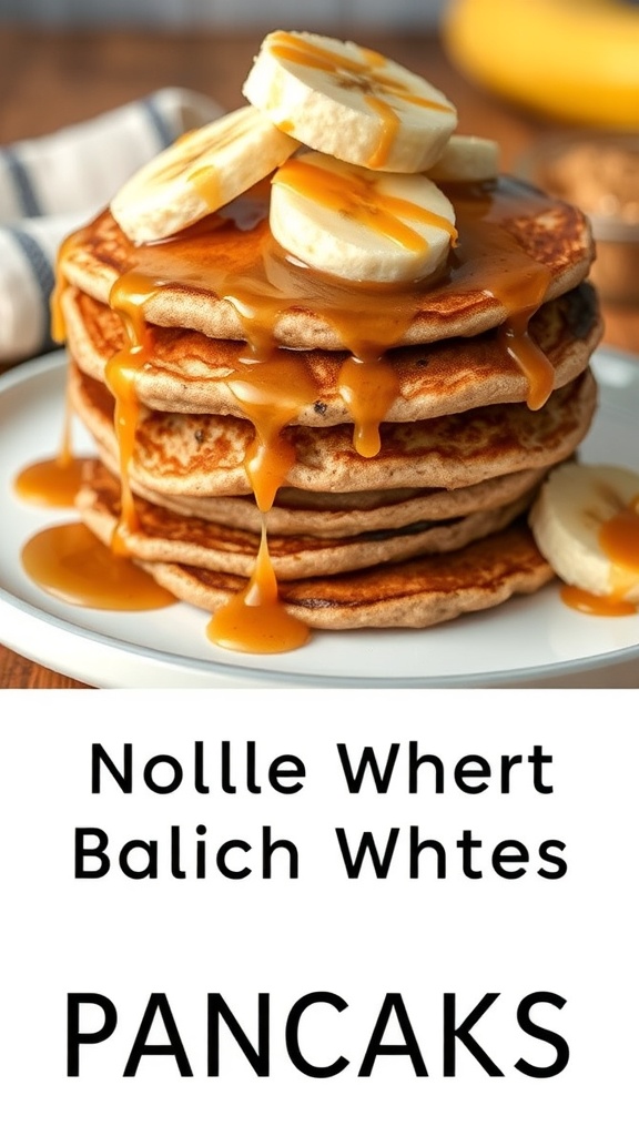 Stack of whole wheat pancakes topped with banana slices and almond butter, drizzled with syrup.