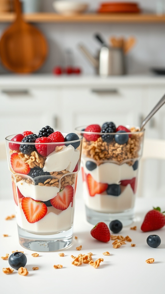 Yogurt parfaits layered with yogurt, berries, and granola in clear glasses.