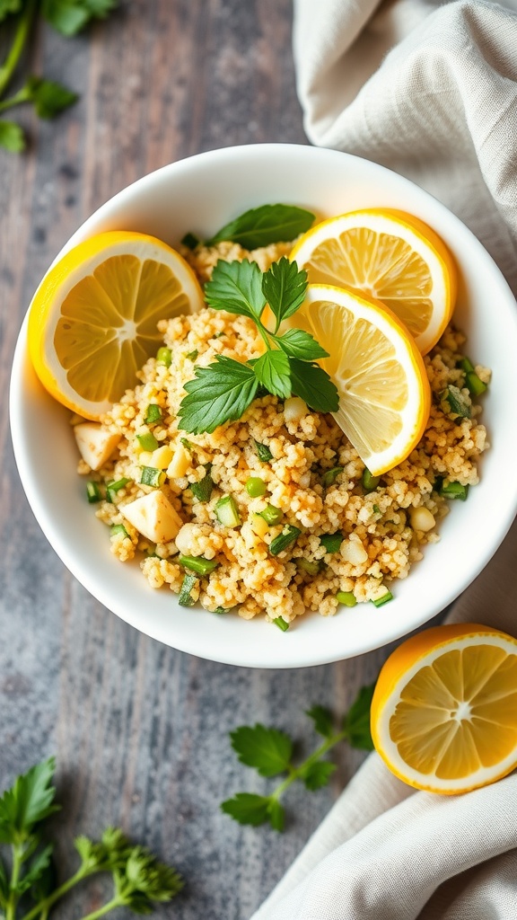 A bowl of zesty lemon garlic quinoa garnished with lemon slices and fresh herbs.