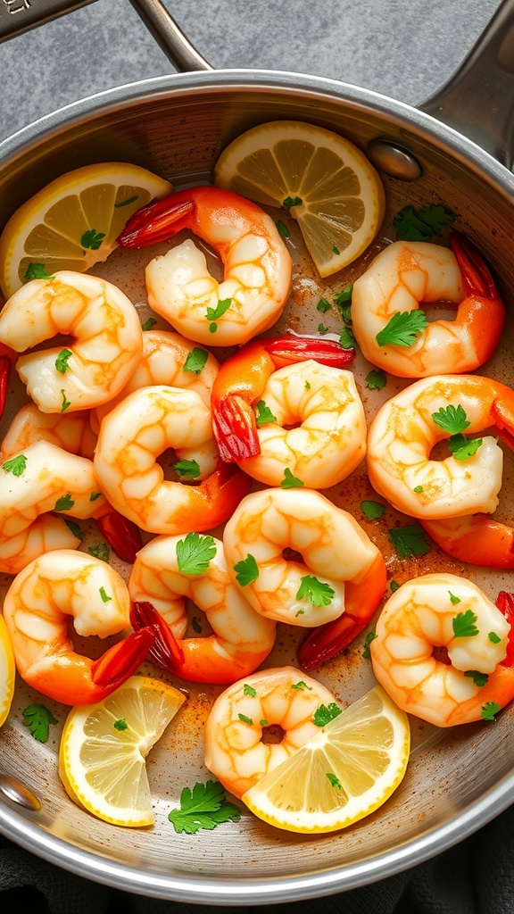 A skillet filled with cooked shrimp, lemon slices, and fresh parsley.