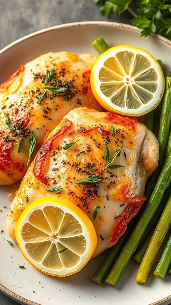 Zesty Lemon Herb Chicken with green beans and lemon slices on a plate.