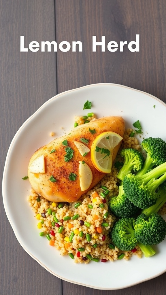 A plate of zesty lemon herb chicken with quinoa and broccoli.