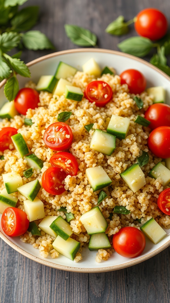 A vibrant zesty quinoa salad with cherry tomatoes, cucumber, and fresh basil.