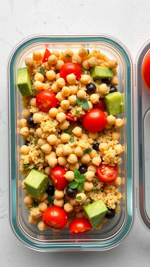 A colorful Zesty Quinoa Salad with chickpeas, cherry tomatoes, and green vegetables in a glass meal prep container.
