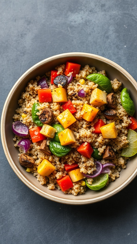 A colorful bowl of zesty quinoa salad with roasted vegetables including red peppers, yellow squash, and purple onions.