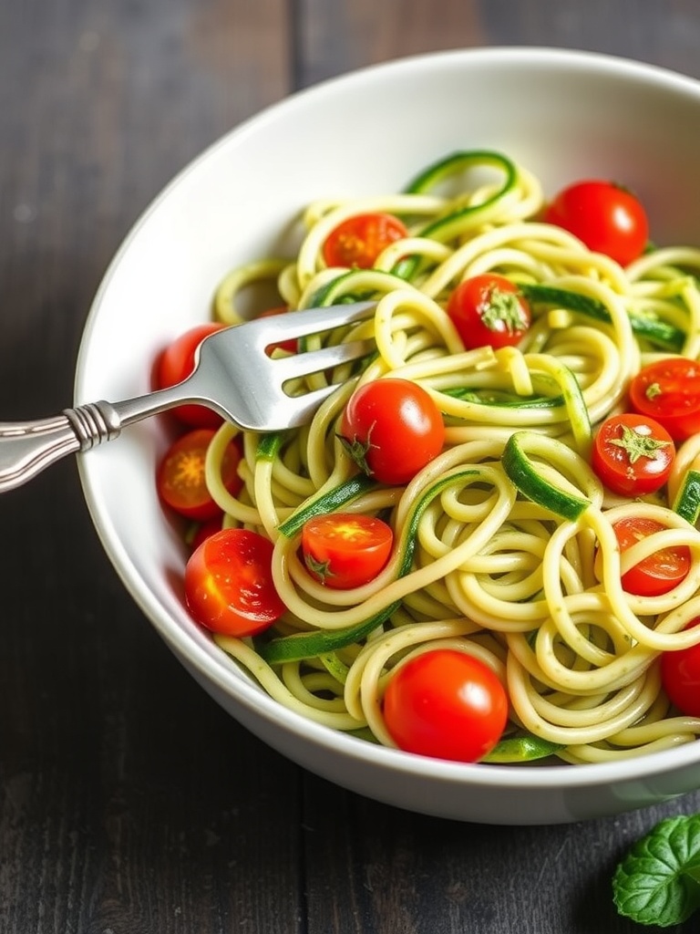 A bowl of zucchini noodle salad with cherry tomatoes and pesto, garnished with pine nuts.
