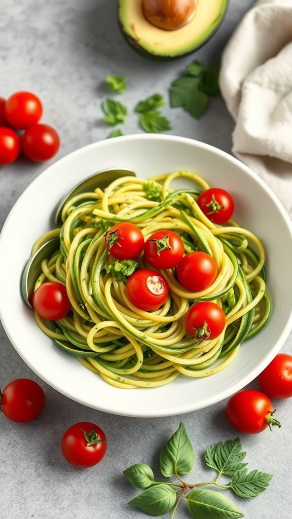 A bowl of zucchini noodles topped with avocado pesto and cherry tomatoes, surrounded by fresh ingredients.