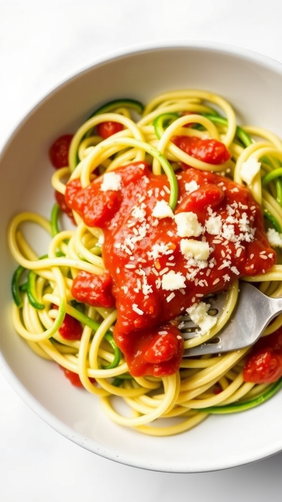 A bowl of zucchini noodles topped with marinara sauce and Parmesan cheese.