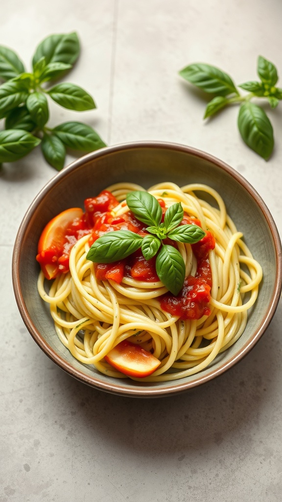A bowl of zucchini noodles topped with marinara sauce and fresh basil.