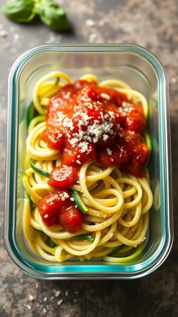 A container of zucchini noodles topped with marinara sauce and cheese.