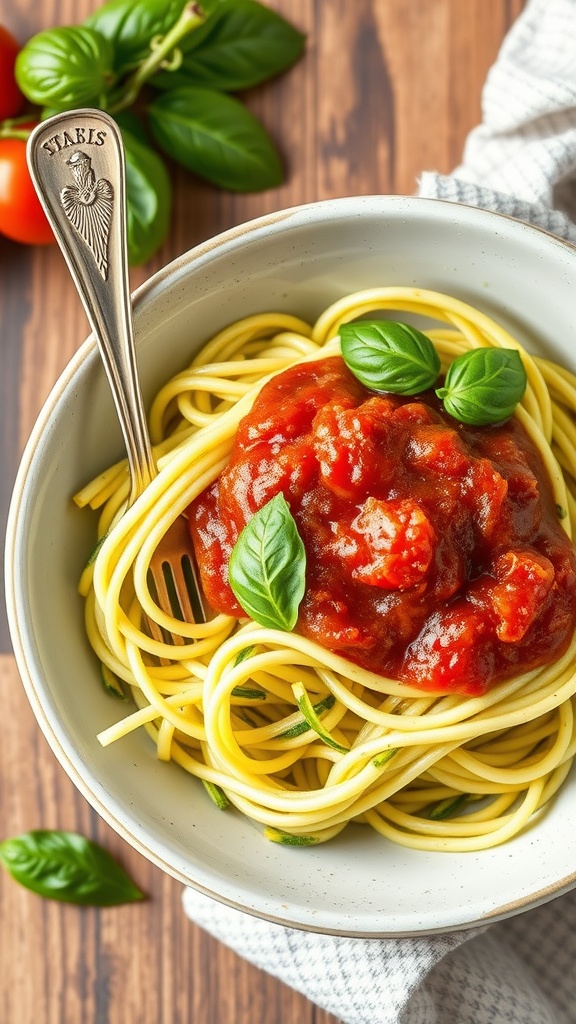 A bowl of zucchini noodles topped with marinara sauce and fresh basil.