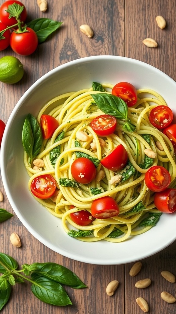 A bowl of zucchini noodles with pesto, cherry tomatoes, and fresh basil on a wooden table.