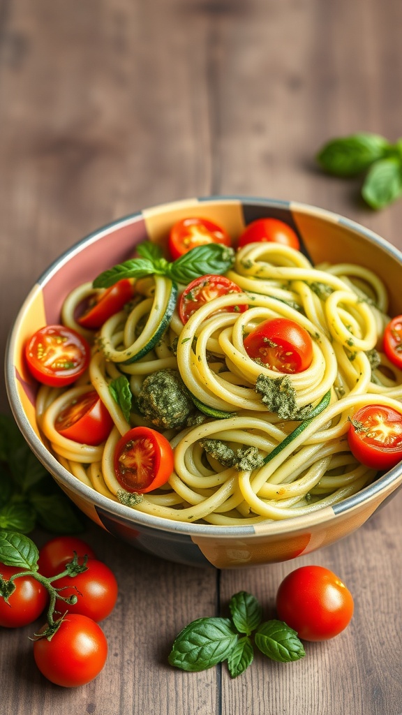 A bowl of zucchini noodles with pesto and cherry tomatoes, garnished with fresh basil.