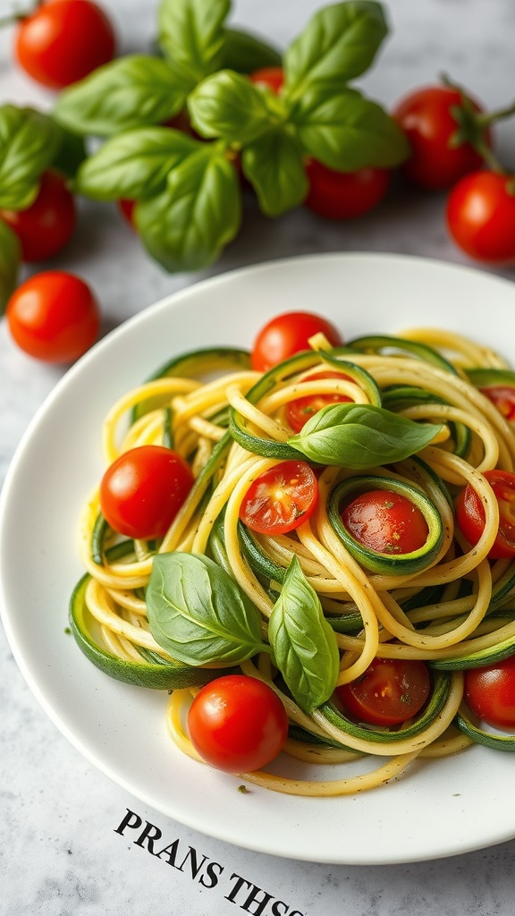 A plate of zucchini noodles with pesto and cherry tomatoes, garnished with basil leaves.
