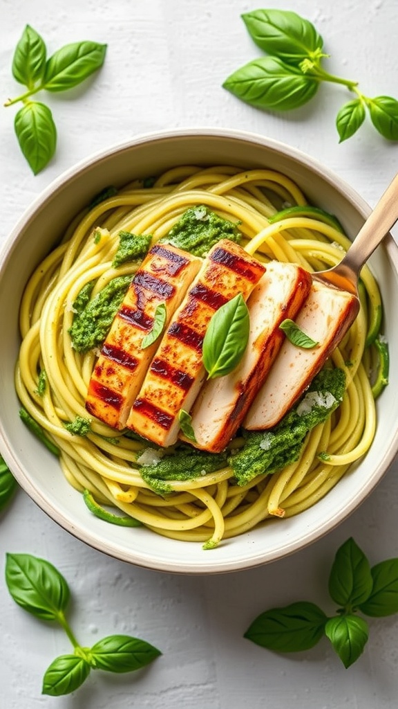 A bowl of zucchini noodles topped with pesto and grilled chicken, garnished with fresh basil leaves.